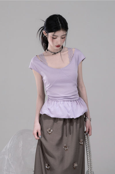 Purple Waist Slim Short Sleeve T-shirt COT0306