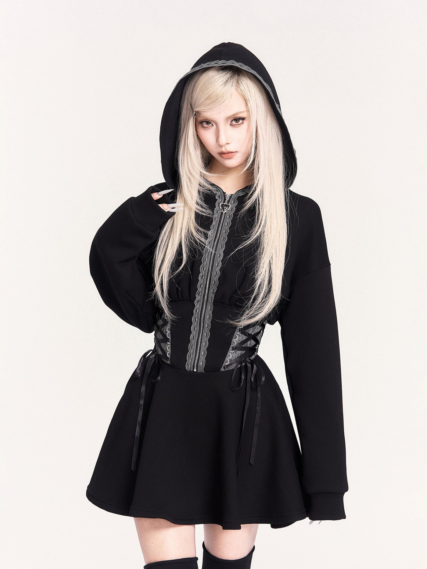 Lace-up Hooded Sweatshirt Dress VOC0469