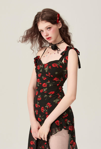 Black Amber Floral Ruffle Irregular Suspender Dress DIA0172