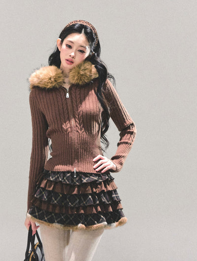 Fur Hooded Knitted Cardigan DIA0686