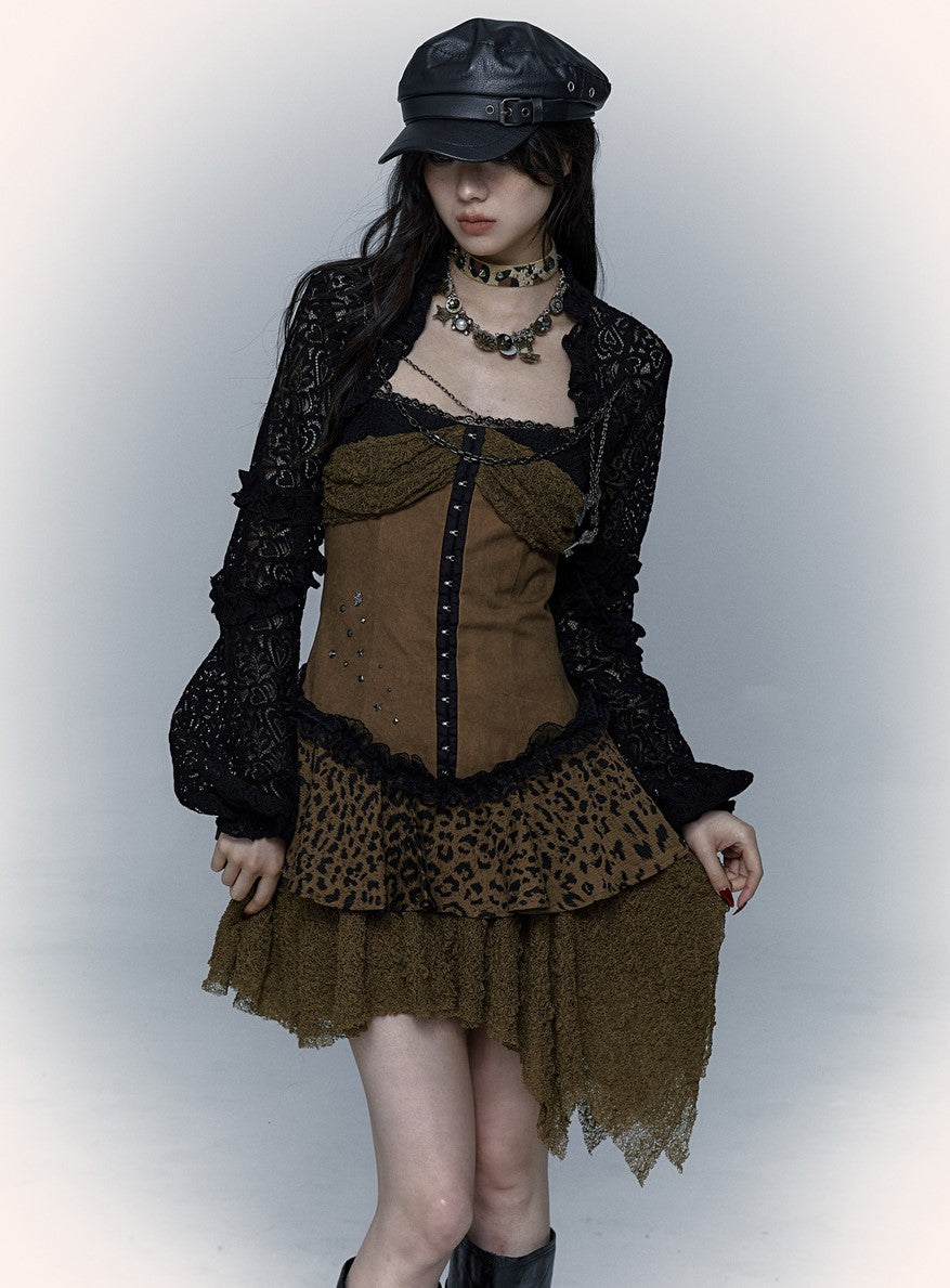 Punk Splicing Lace Irregular Leopard Print Suspender Dress NOR0070