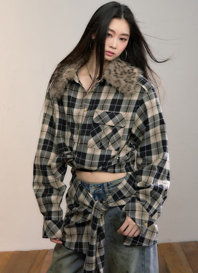 Detachable Fur Collar Plaid Shirt VIA0345