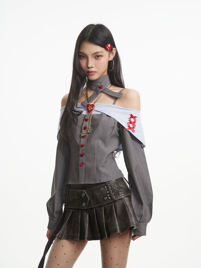 Off-Shoulder Heart Button Long-Sleeved Shirt UNC0318