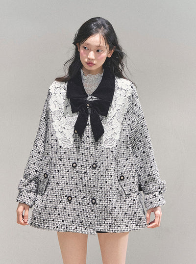 Detachable Bow Lace Plaid Coat DIA0767