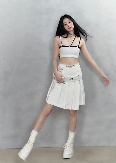 Irregular Waist Pleated A-Line Midi-Length Skirt/Belt VIA0135