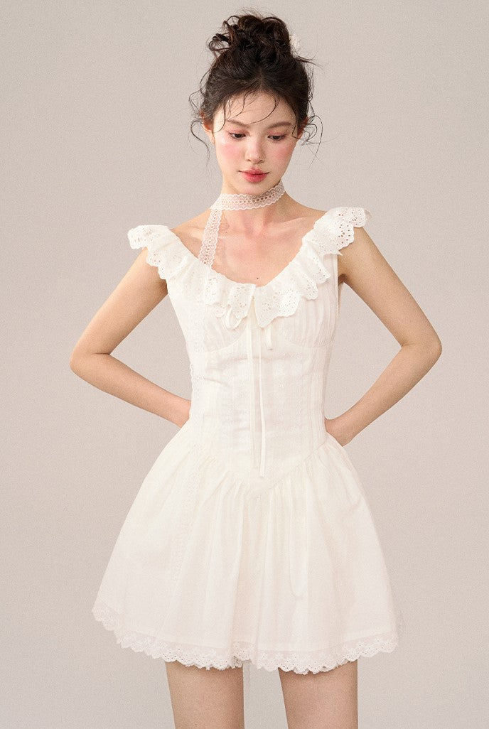 White Lace Flying Sleeve Dress SOO0016