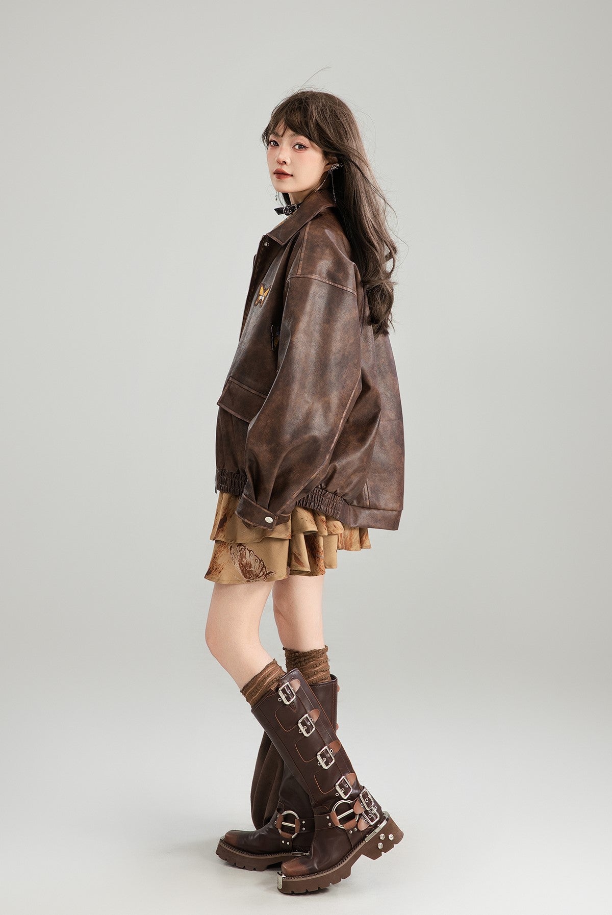 High-grade Brown Long Sleeve Shirt Dress KEI0173