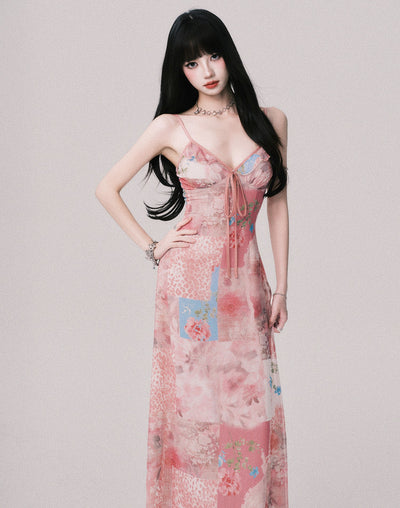 Flower V-neck Printed Suspender Dress LUL0147