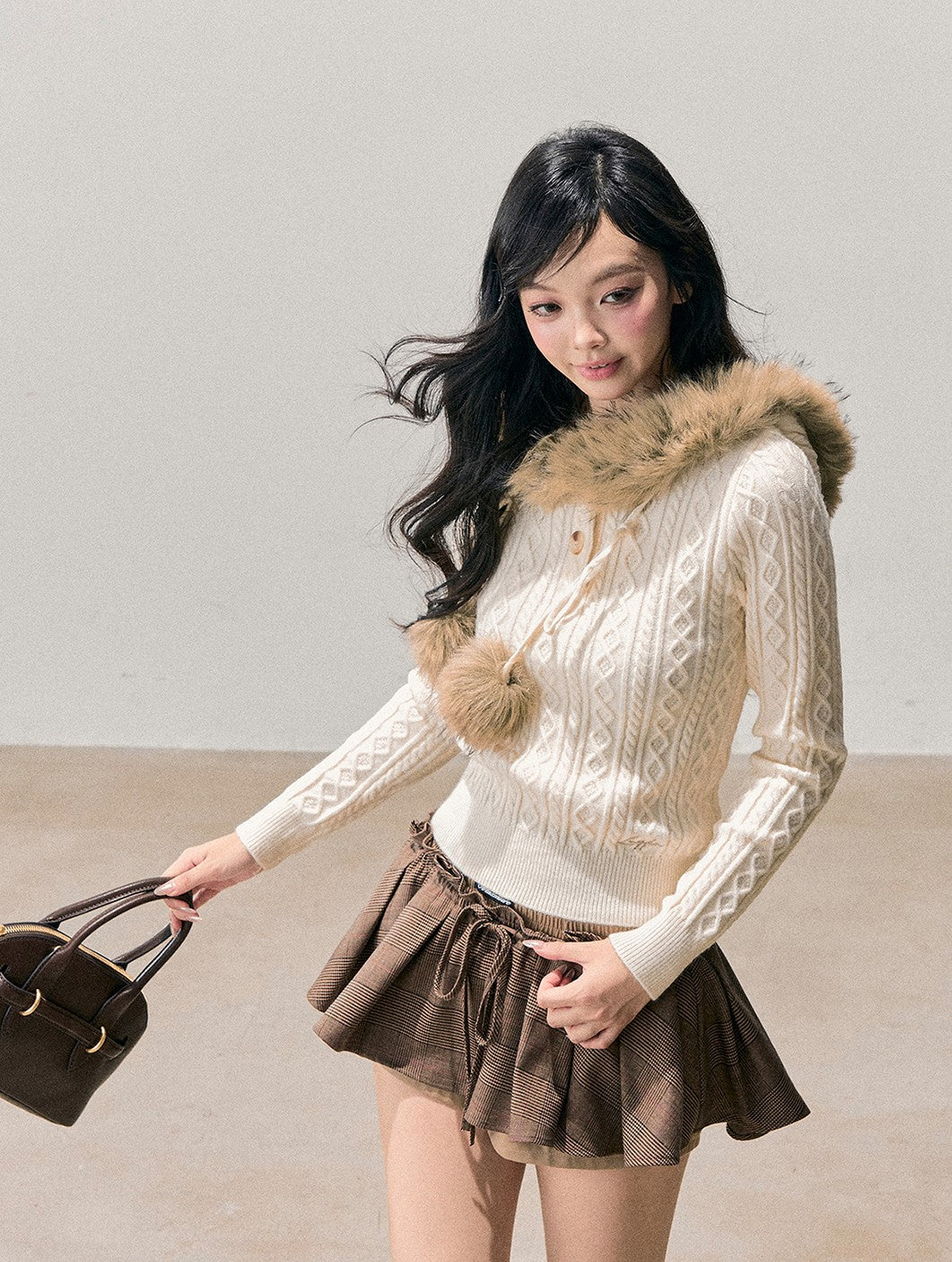 Fur Hooded Cable Knit Sweater DIA0768