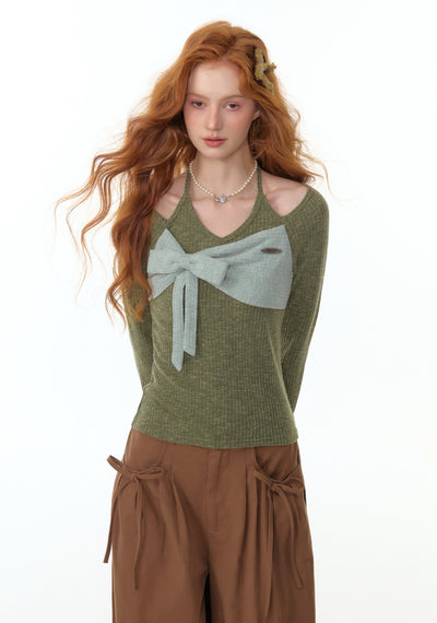 Contrast Color Stitching Bow Tie Sweater ZIZ0300