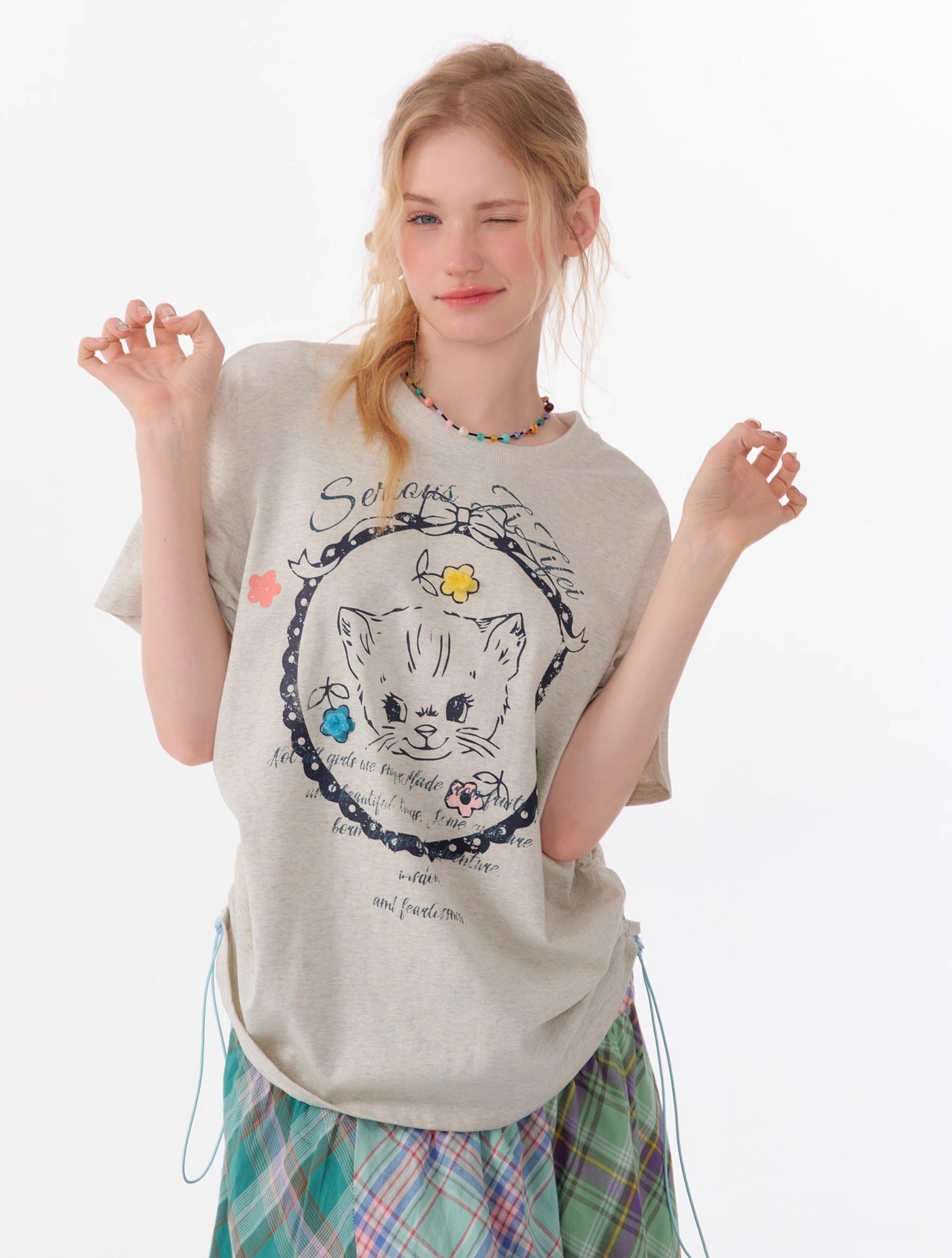 American Style Loose Cat Print Short-sleeved T-shirt  ZIZ0099