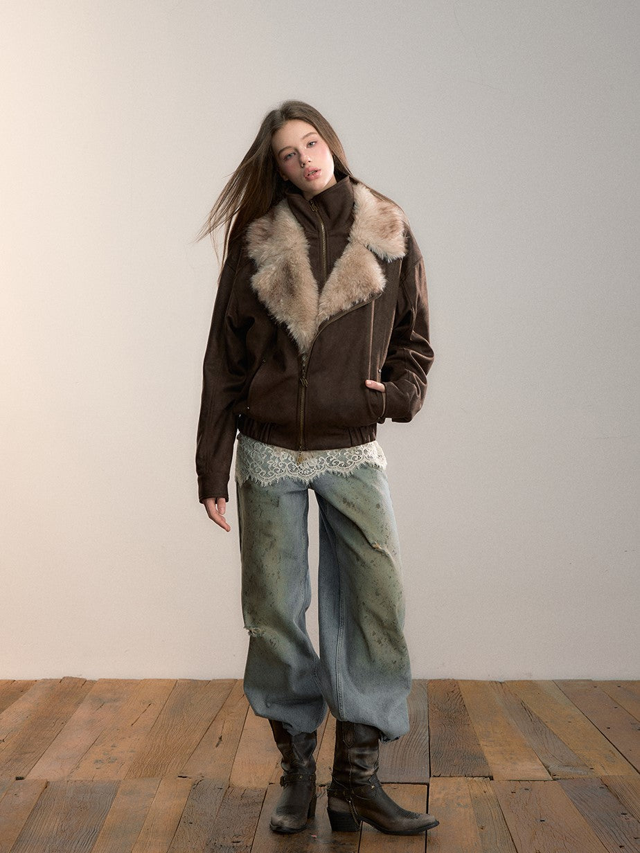 Loose-fitting Faux Two-Piece Fur Collar Jacket VIA0353