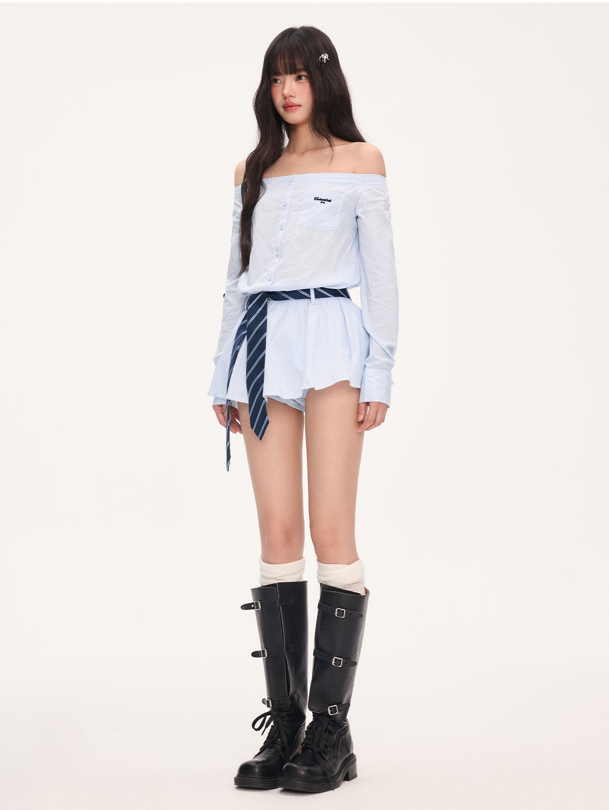 Striped Off-Shoulder Shirt Dress WEE0067