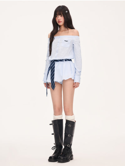 Striped Off-Shoulder Shirt Dress WEE0067