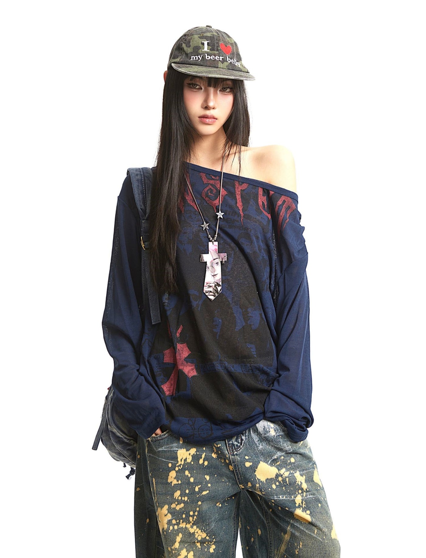 Retro Print Oblique Shoulder T-shirt UNC0289