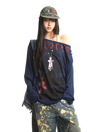 Retro Print Oblique Shoulder T-shirt UNC0289