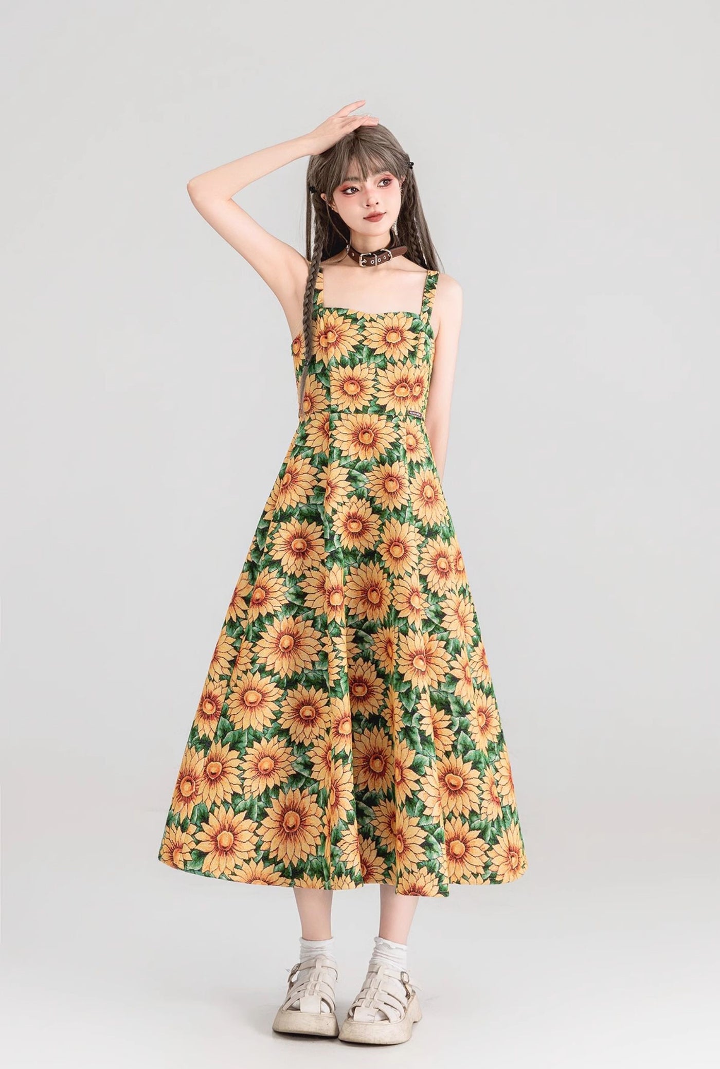 Sunflower Jacquard Floral Suspender Long Dress KEI0152