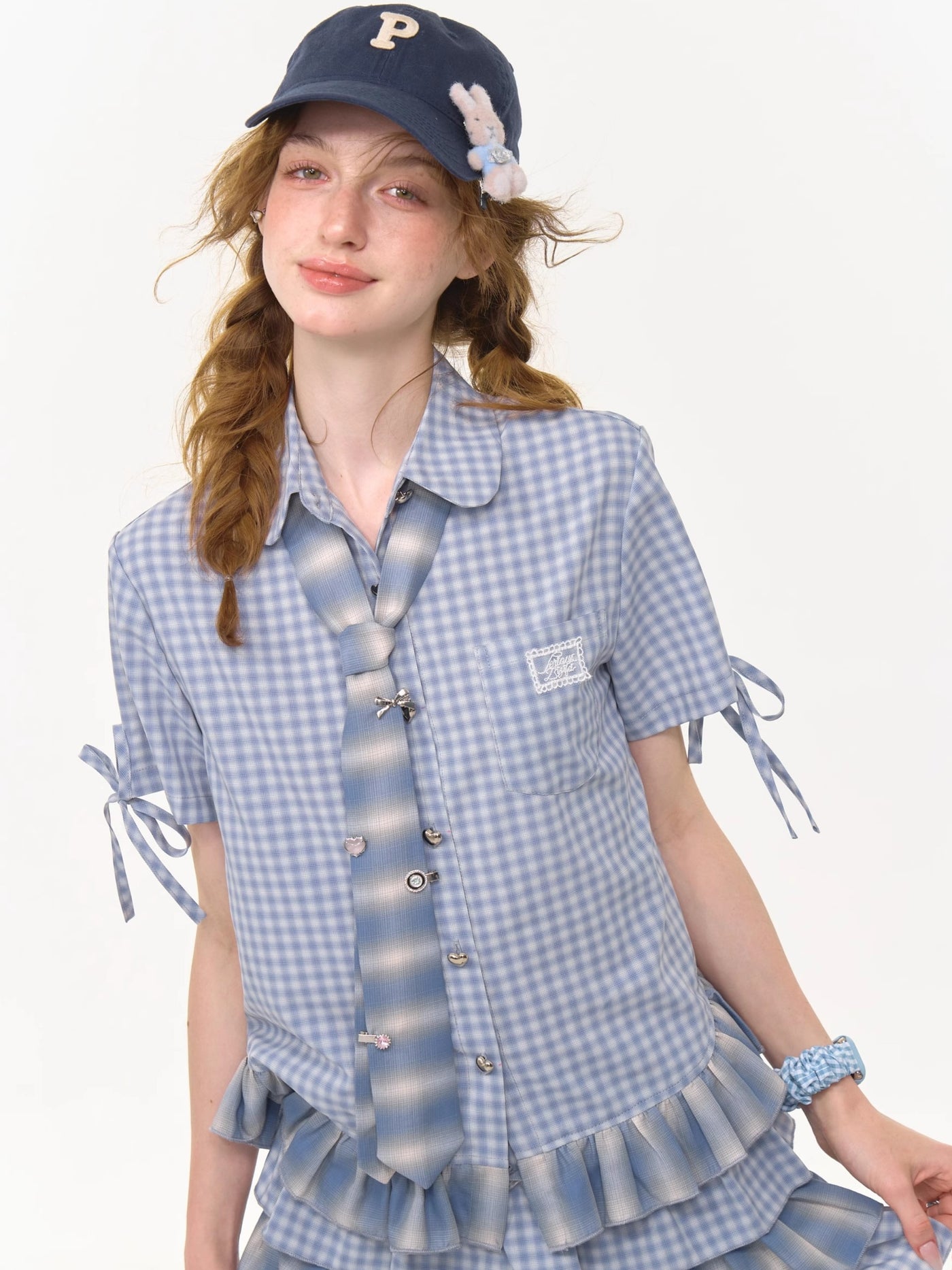 Lace Hem Plaid Blue Shirt ZIZ0270