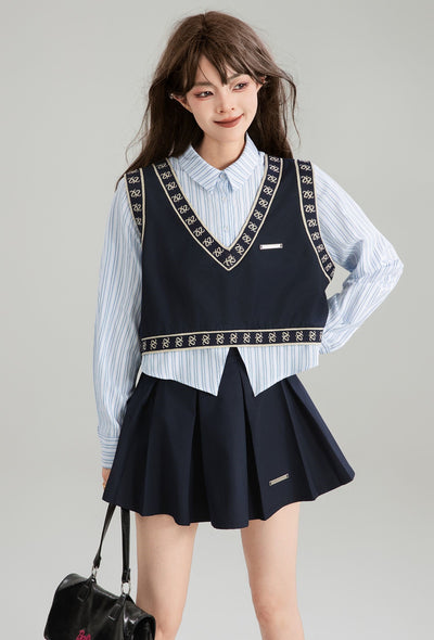 Patchwork Long-sleeved Fake Two-piece Shirt/Skirt KEI0167