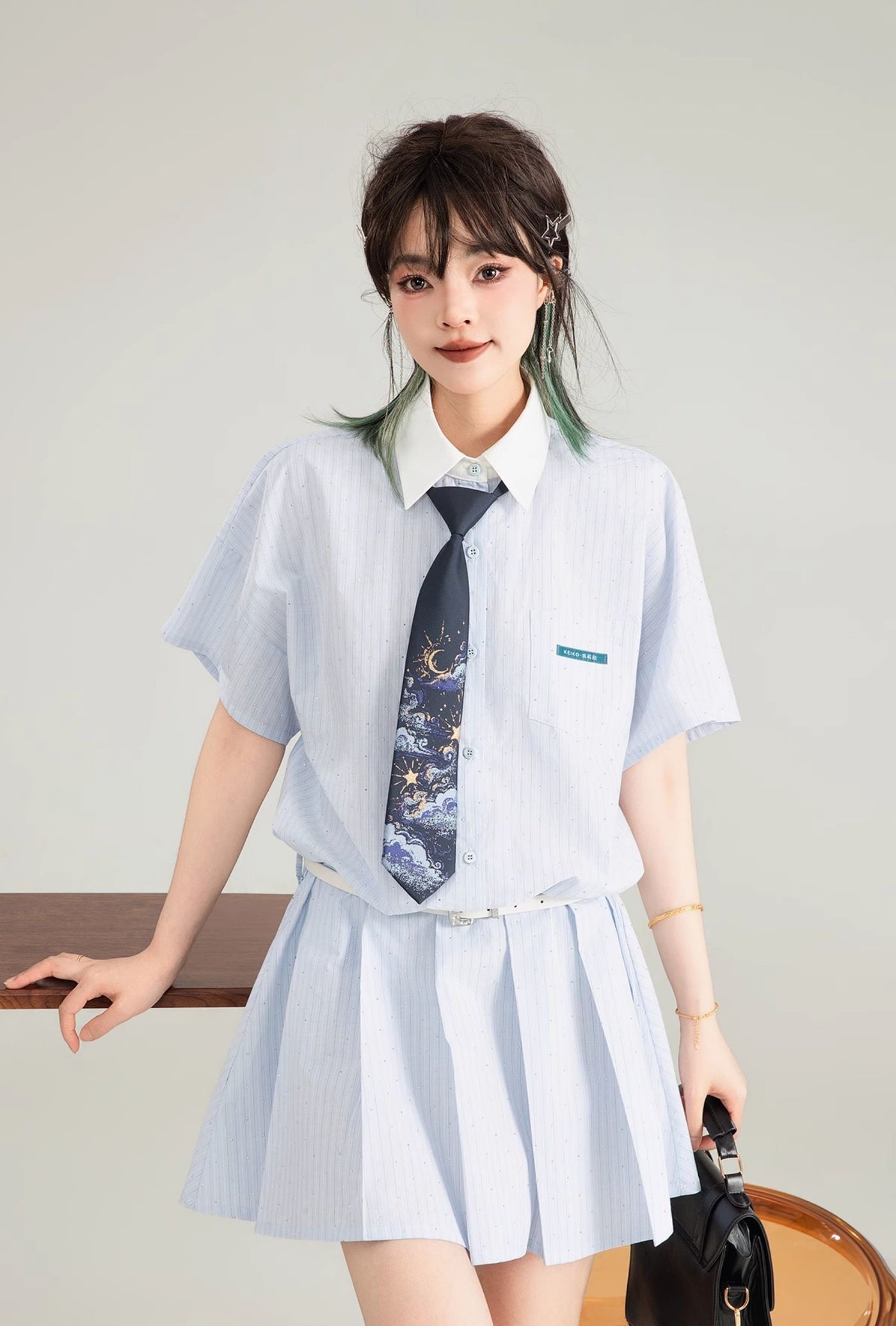 Blue Striped Short-sleeved Pleated Shirt Dress KEI0126