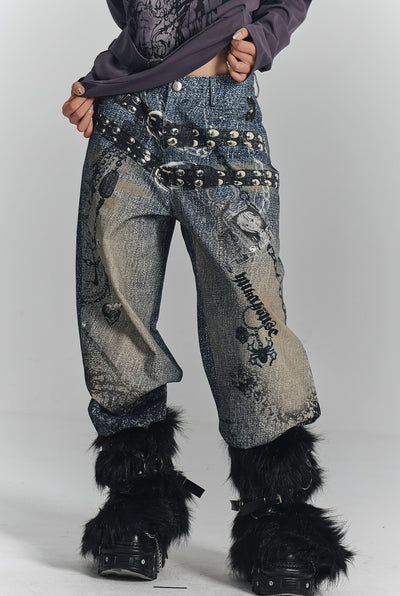 Chain Digital Print Wide-leg Jeans KIN0132