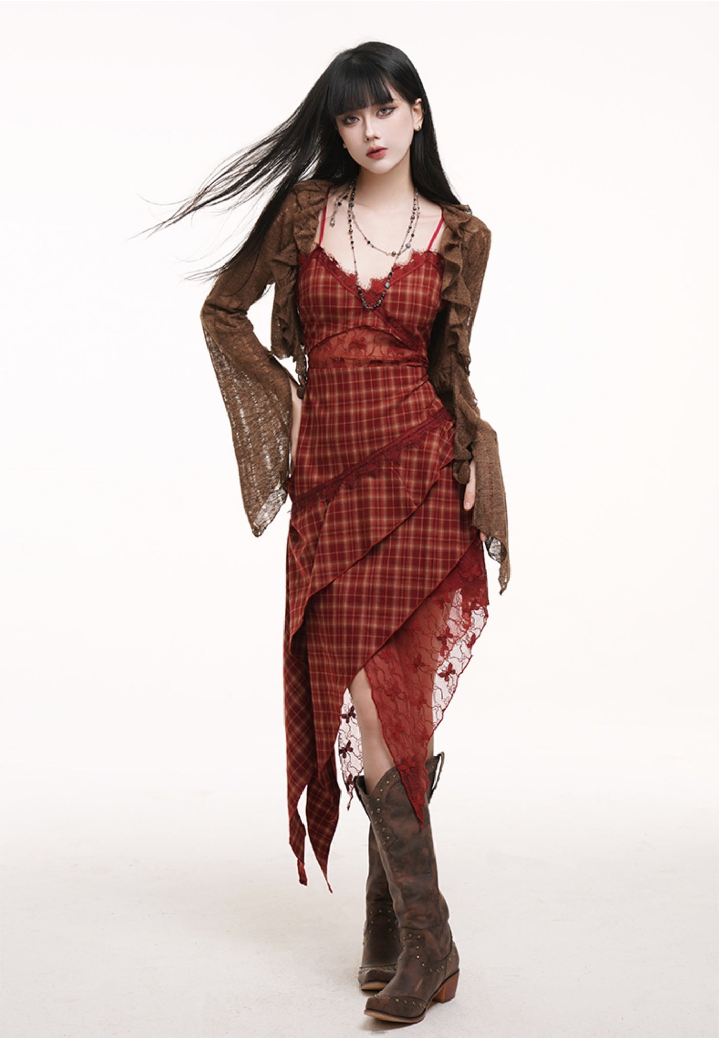 Irregular Red Plaid Suspender Dress LAD0184