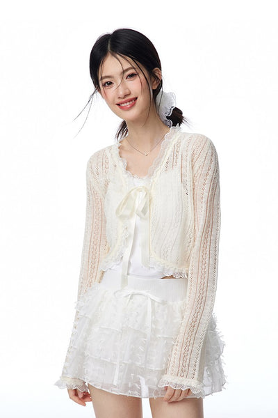 Hollow Light Bow Lace Knitted Cardigan/Camisole/Skirt NTO0102