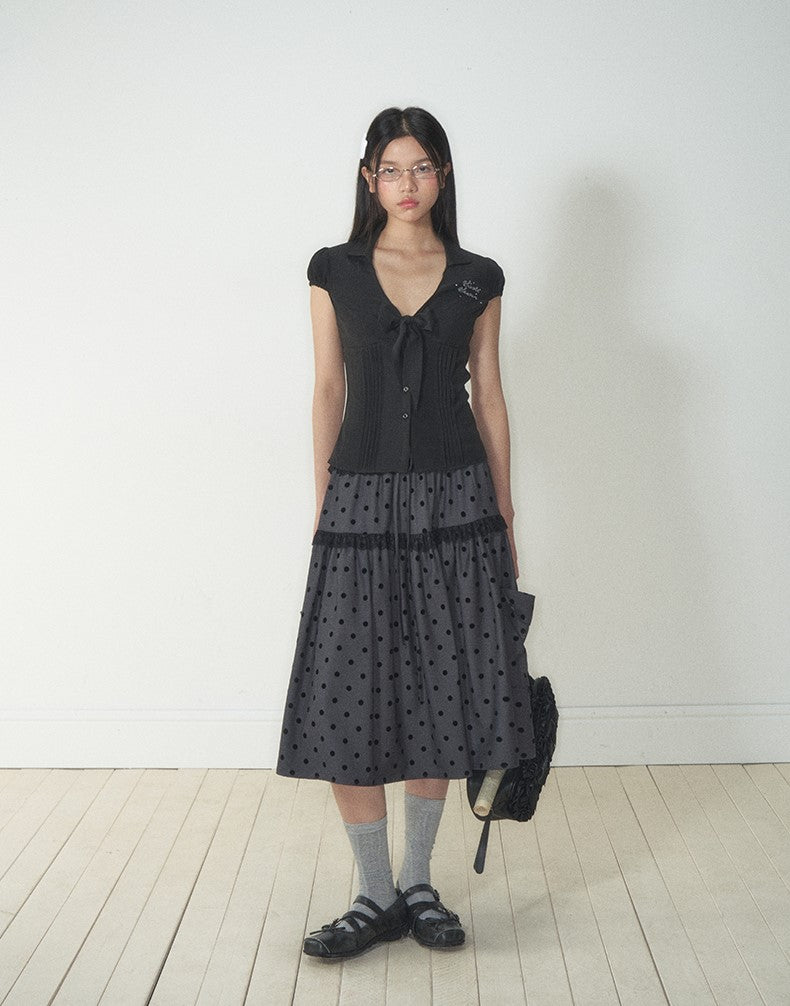 Gray Polka Dot Pocket Midi Skirt SOO0013