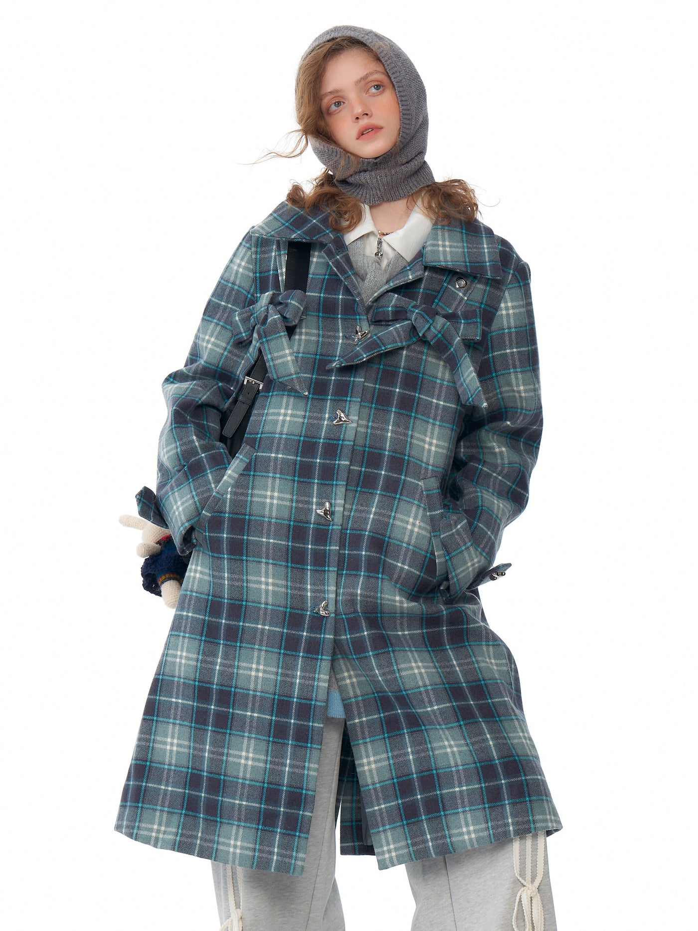 Retro High-end Mid-length Bow Blue Plaid Tweed Coat ZIZ0199