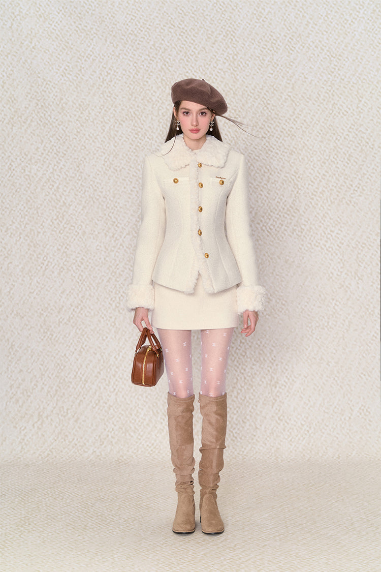 White Cotton Fur Collar Warm Jacket/Hip-covering Skirt UND0032