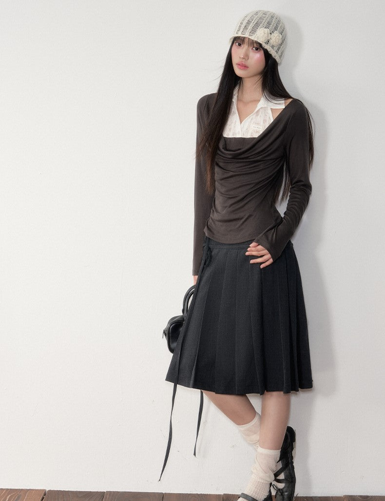 Dark Grey Preppy Style Pleated Skirt SOO0020