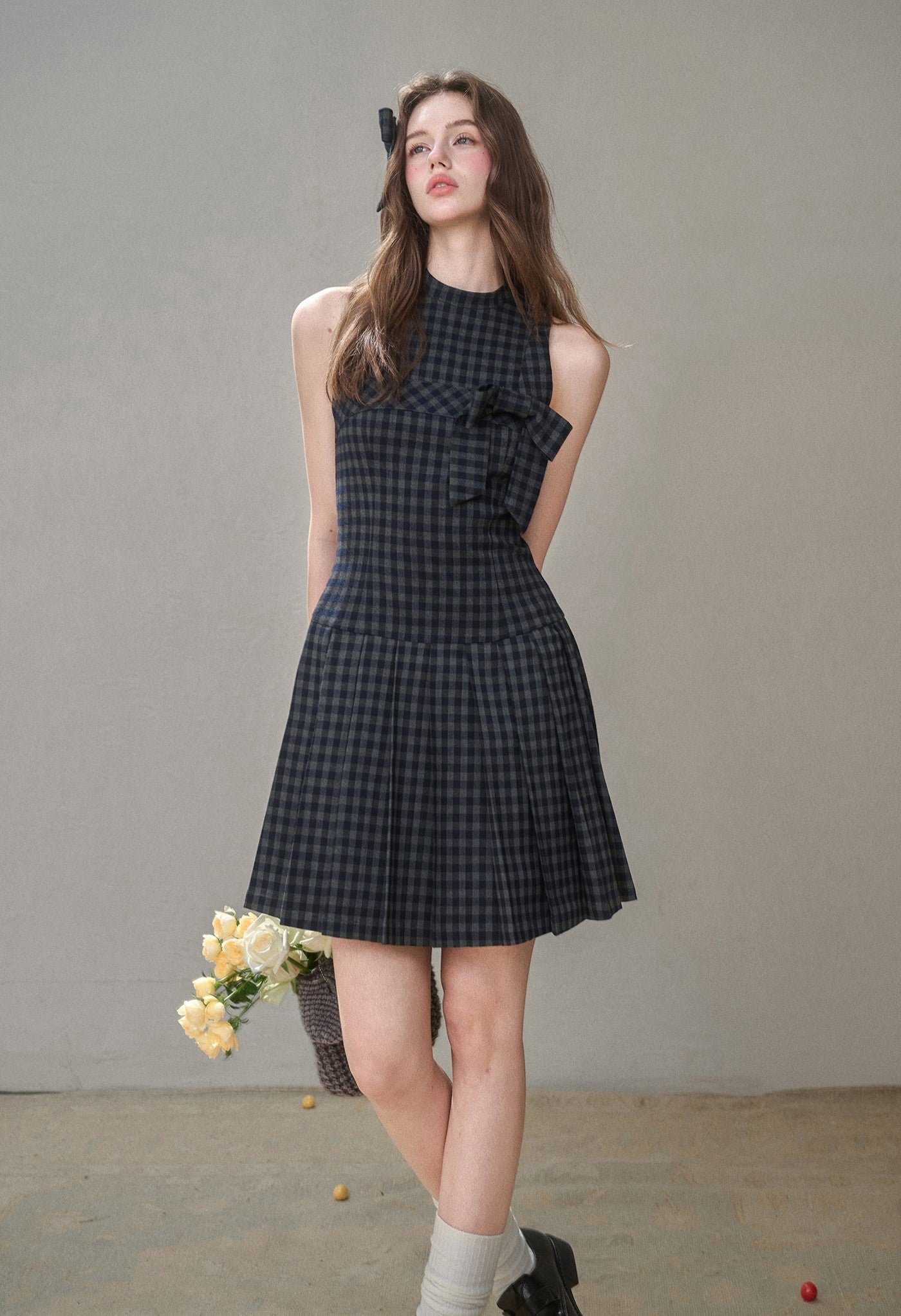 Bow Halter Neck Plaid Pleated Dress GRO0175