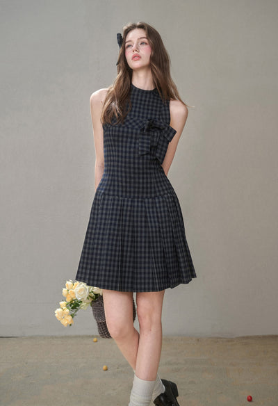 Bow Halter Neck Plaid Pleated Dress GRO0175