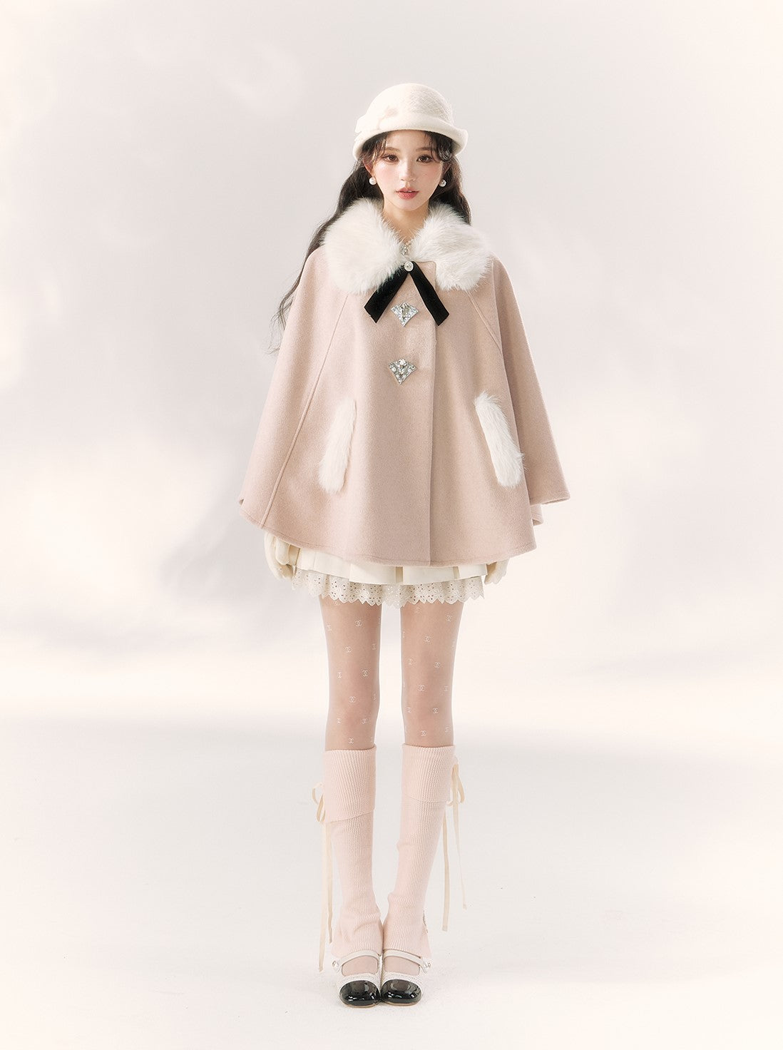 Ribbon Diamond Button Fur Collar Cape BBB0091