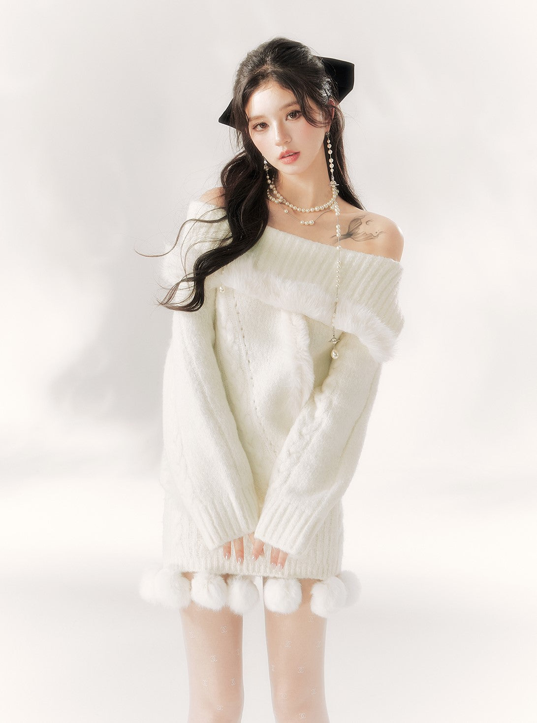 Off-shoulder Plush Fur Knitted Sweater BBB0102