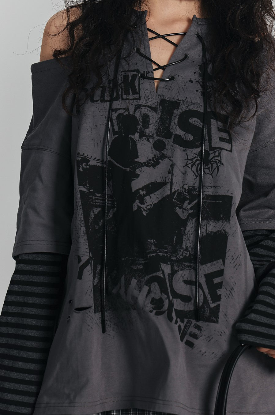 Punk Splicing Striped V-neck T-shirt KIN0133