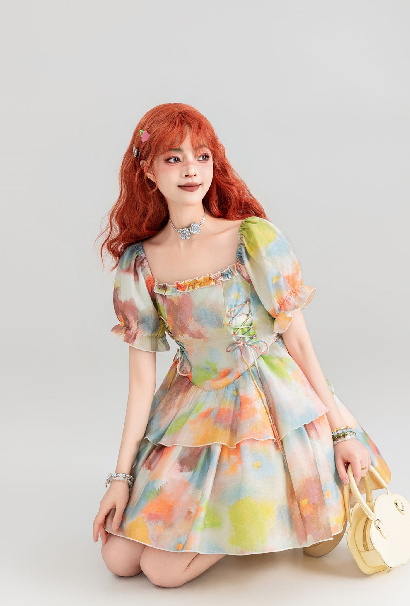 Holiday Painting Style Satin Princess Dress KEI0159