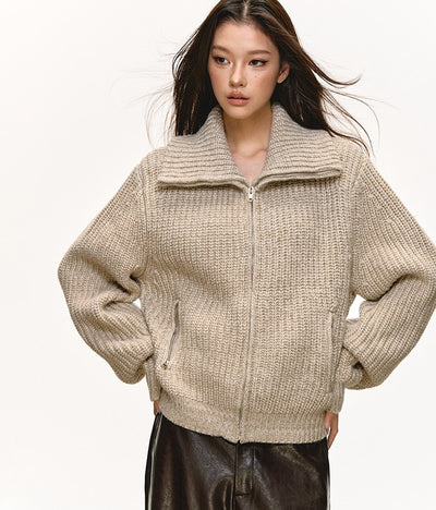 High-Neck Knitted Zipper Cardigan ANA0078