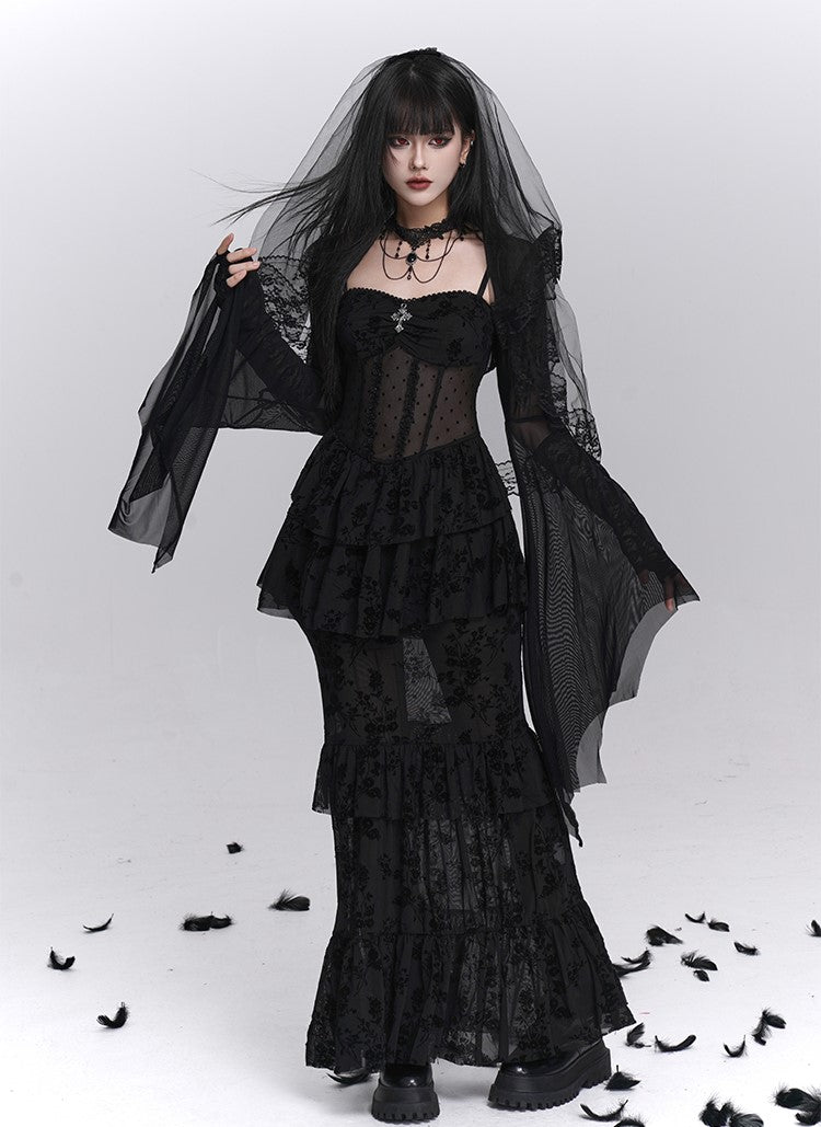 Black Fishtail Suspender Dress/Shawl LAD0242