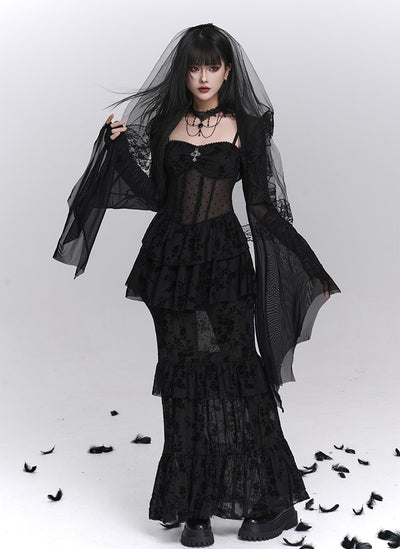 Black Fishtail Suspender Dress/Shawl LAD0242