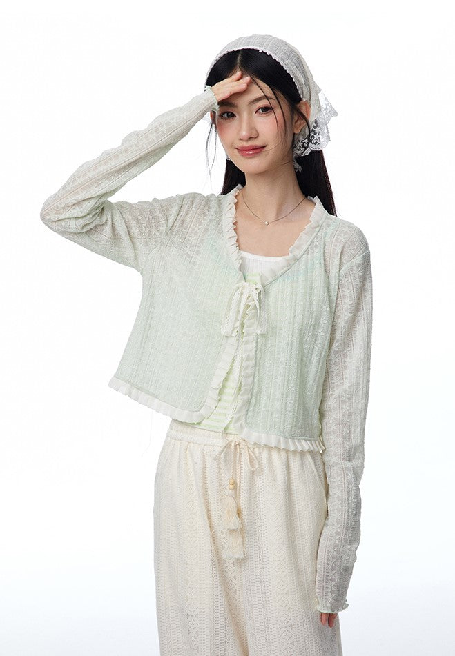 Lace Hollow Mint Color Knitted Cardigan/Pants NTO0109