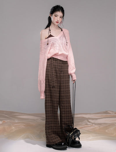 Pink Hollow V-neck Knit+Halter Neck Top COT0345