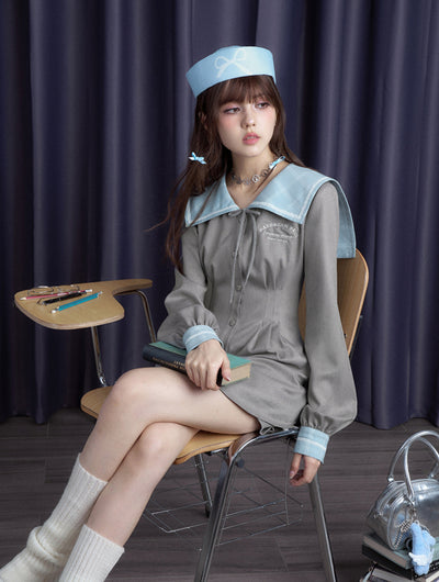 Gray-blue Sailor Collar Waist Dress/Shorts SAG0191