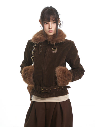 Retro Style Fur Collar Patchwork Suede Jacket UNC0327