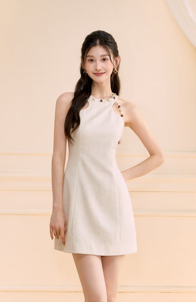 Halter Neck Beaded Linen Short Dress OSH0173