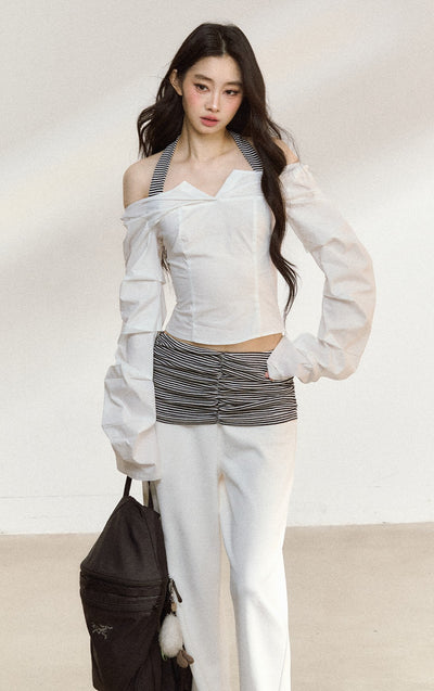 White Off Shoulder Slim Short Shirt SHI0208