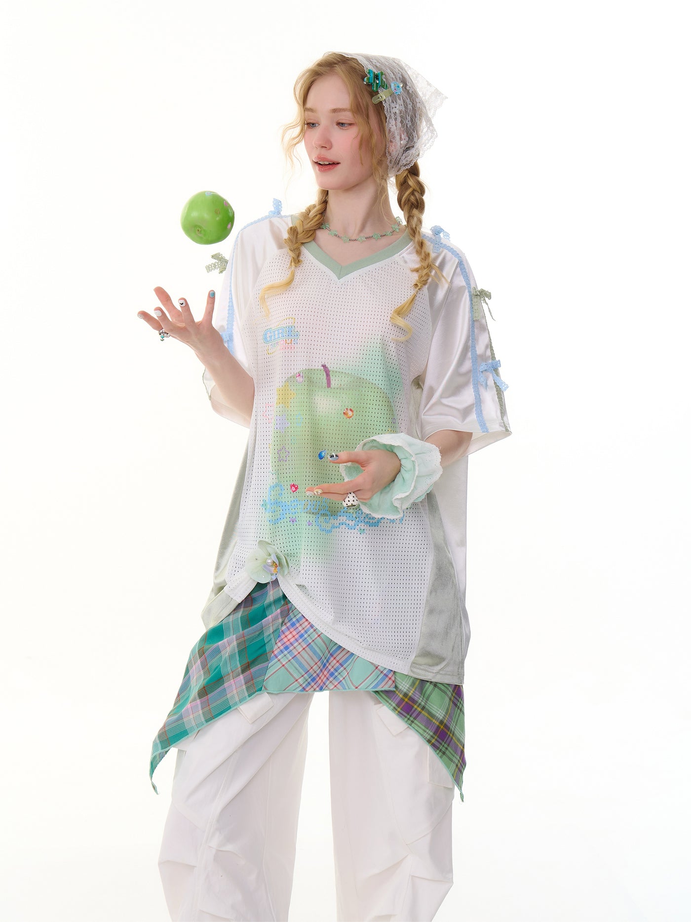 Apple Print Sports Style V-neck T-shirt ZIZ0286