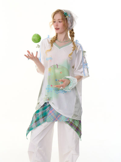 Apple Print Sports Style V-neck T-shirt ZIZ0286