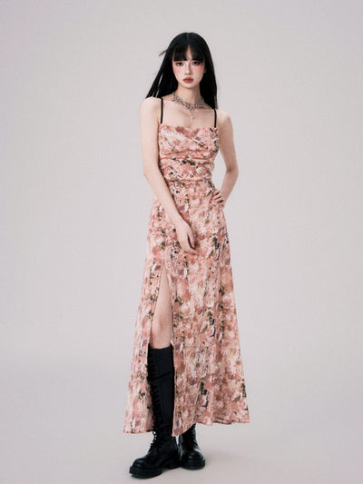 Apricot Pink Floral Swing Collar Backless Suspender Dress LUL0060