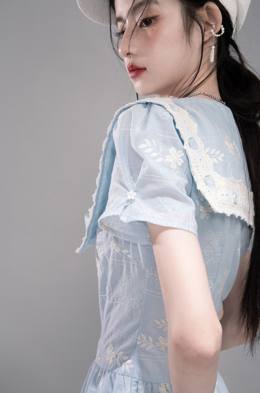 Blue Lace Collar Short Sleeve Dress COT0320
